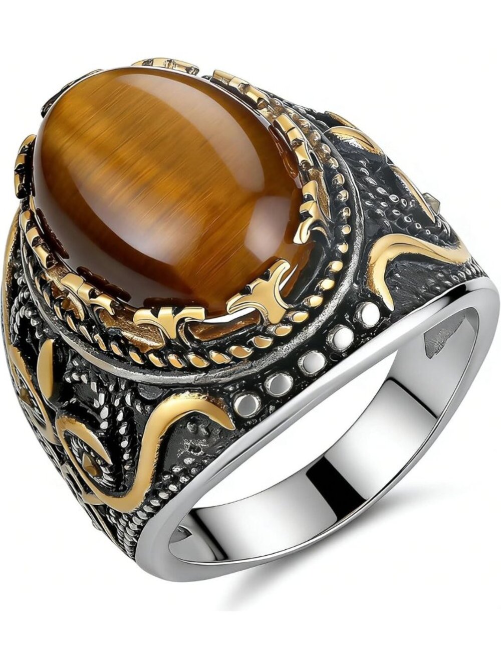 Vintage Two-Tone Tiger's Eye Men's Ring, Stainless Steel Oval Stone, Size 7-13